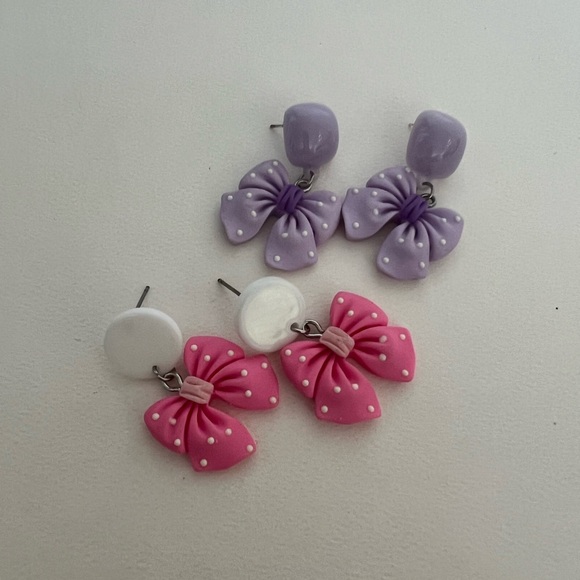 Cute Lolita Pink & Purple Bow Dangle Earrings Set - Polka-dot Bow Earrings - Picture 4 of 17